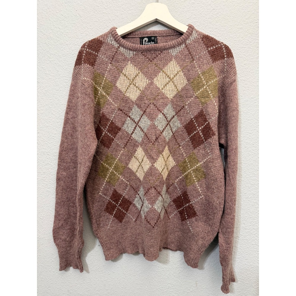 Vintage 80s Panache Mens Sweater L Argyle Wool Blend Crewneck Rose Brown USA